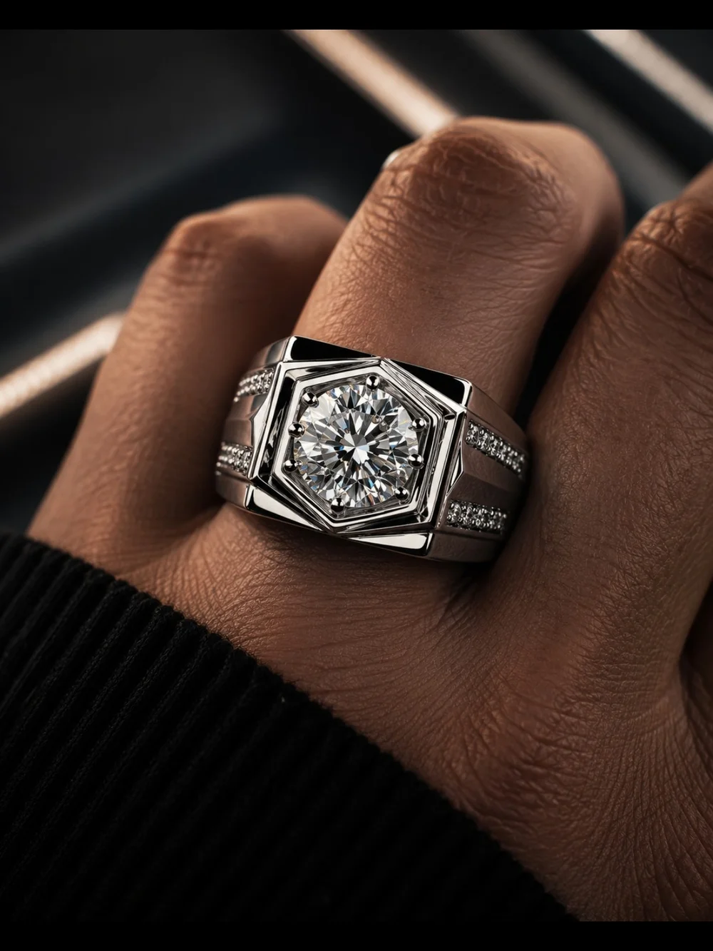 Men's Silver Tone Hexagon CZ Statement Ring Size 8 Iced Cubic Zirconia